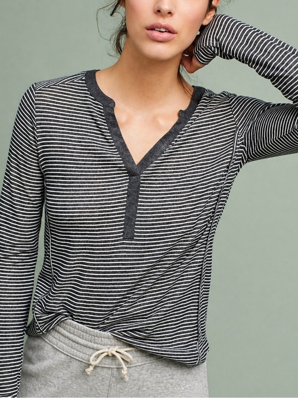 Anthropologie Akemi + Kin Aluna Lurex Stripe Henley Thermal Top Loungewear M